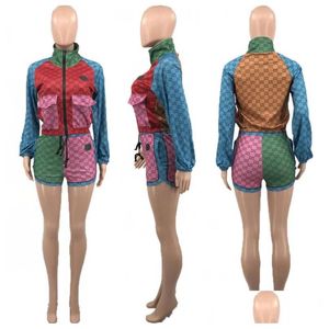 Kadın Trailtsuits İki parçalı kadın set lüks marka l tasarımcı ziper uzun kollu tişört mektup baskı kontrast gevşek şort moda d dhtp1