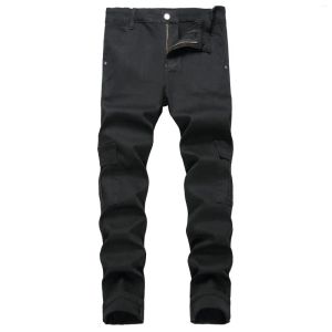 Men's Jeans 2023 European And American Style High Elastic Tooling Denim Trousers Multi-Bag Slim Fit Fashion Black