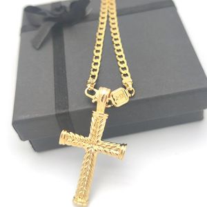 Cross 24 K Solid Gold GF Charms Lines Pendant Necklace Curb Chain Christian Jewelry Factory Wholecrufix God Gift271n