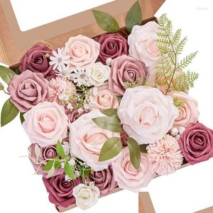 Dekorativa blommor kransar konstgjorda lådor set silkblommor rosor med stjälkar för diy buketter centerpieces party hem dekorationer d dhcok