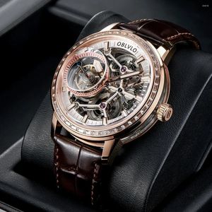 Wristwatches OBLVLO Flying Tourbillon Men Mechanical Watches Diamond Bezel Full Skeleton Dial Super Luminous Sapphire Glass Watch