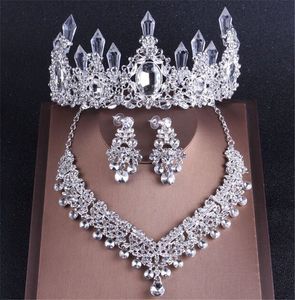 Luxus silberne Farbe Kristall Brautschmuck Sets Strasskronenohrringe Choker Halskette Frauen Hochzeit Schmuck Set