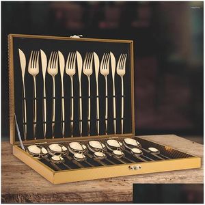 Dinnerware Sets 16/24Pcs Golden Set Stainless Steel Metal Tableware Knife Fork Spoon Western Home Kitchen Cutlery Gift Box Drop Deli Dhkf0