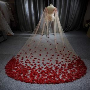 Luxury Red Wedding Veils Chic One Layer Sequin Flower 3-meter långa brudtillbehör Veils Cathedral Length Bridal Veil Custom 315T