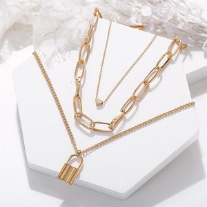 Pendant Necklaces Women Hip Hop Gold Padlock Heart Lock Pendants Multi-layer Thick Chain Statement Necklace Sweater Jewelry262w