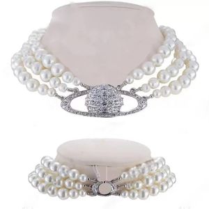 Luxury Fashionable Pearl necklace Advanced retro Three layer pearl Shiny Saturn bead pendant275z