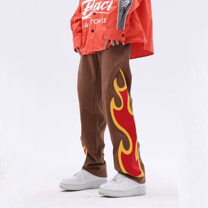 Men's Jeans Flame Patch Embroidered Men Hip Hop Baggy Straight Pants Couple Vintage Color Matching Street Wideleg Denim Trousers 230909