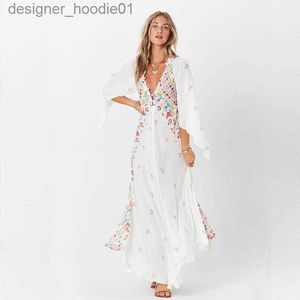 기본 캐주얼 드레스 Bohe Maxi Dress Women v Floral Print Kimono Flare Sleeve Beach Summer Casual Button Long Loose Robe Femme Dresses L230909