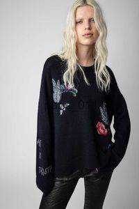 Kobiety swetry Zadig Voltaire 23ss Women Designer Sweter Moda Nowy mały popularny litera kwiatowa Kwiat 100% kaszmirowy Sweter z dzianiny x0909