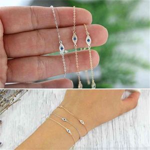 100% 925 Sterling Silver Söt härlig Blue White Cz Evil Eye Link Minimal Delicate Thin Chain Women Girl Aderable Armband273V