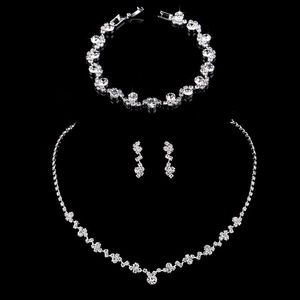 Fashion Crystal Bridal Jewelry Sets Silver Color Geometric Choker Necklace Earrings Bracelet Wedding Jewelry Sets