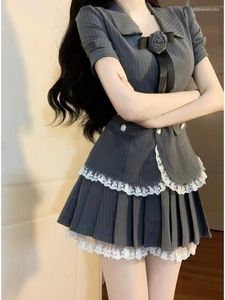 Two Piece Dress Elegant 2 Set Women Short Sleeve Vintage Y2k Crop Top Blouse Mini Skirt 2023 Summer Korean Fashion Suits Gray