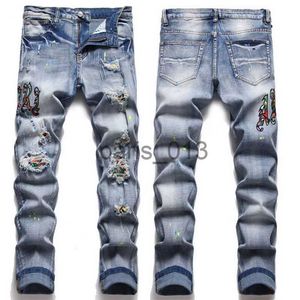 Jeans masculinos bordado remendo motociclista jeans slim fit motocycle casual calças jeans homem x0911