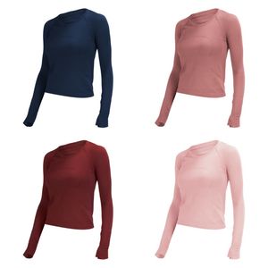 Primavera e outono nova manga longa yoga malha camiseta cor sólida esportes moldar cintura apertada fitness jogging sweatwear