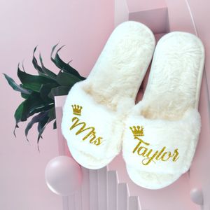 Slippers Customized Wedding Bridal Groom Cotton Fluffy Bedroom Soft Slippers Personalized Bridesmaid Open Toe Slippers Indoor Party Shoes 230908