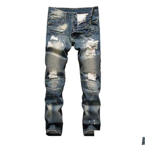 Män jeans mode män coola män dog rippad designer rak motorcykel cyklist kausal denim byxor streetwear droppleverans kläder dh2er