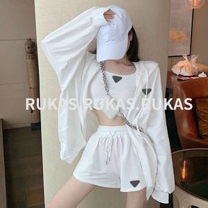 Marca feminina conjunto de calças de duas peças fatos de treino verão gola invertida camisa de manga média com shorts soltos terno casual feminino