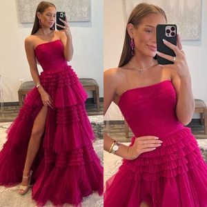 Sexy Rosy Pink A Line Prom Dresses Strapless Evening Dress Tiered Skirt Formal Split Long Special Occasion Party dress