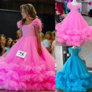 Preteens Girl Pageant Dress 2024 깃털 구슬 스트랩 주름 장식 얇은 시인 어린 아이 생일 공식 파티 가운 유아용 유아 십대 작은 젊은 주니어 미스 버블 껌 아쿠아