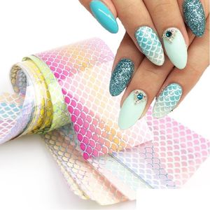 Stickers Decals 10Pcs Mermaid Nail Foils Gradient Fish Scale Art Decorations Holographic Adhesive Paper Colorf Design For Manicure Dhdaz