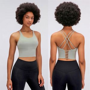 L9095 Cross tunna remmar Yoga Bh Tank Topps Classic Sports Bh Women Fitness Vest Liten Sling Brassiere med avtagbara koppar Sexig UN265M