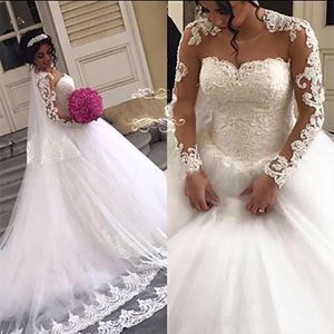 Ball Gown Wedding Dresses New Ivory Bridal Gowns Formal White Custom Plus Size Lace Up Applique Zipper Long Sleeve Tulle Illusion O-Neck