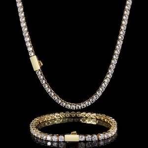 Hip Hop 3mm 4mm 5mm Spring Buckle Zircon Tennis Chain Necklace Real Gold Plating One Row Diamond Necklace Armband2311