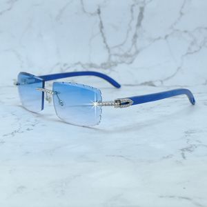 Luxury Moissanite Men's Sunglasses - Rimless Diamond Cut, Blue Wood Frame, Silver, UV Protection Driving Eyewear