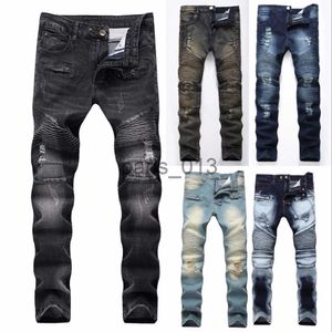 Jeans masculinos moda hip hop remendo homens retro jeans joelho rap buraco zipado motociclista homens solto magro destruído rasgado denim homem jeans jeans calça x0911