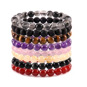 Atualização 8mm Pedra Natural Frisada Fios Pulseira Cristal Ametista Turquesa Olho de Tigre Pulseiras para Mulheres Homens Moda Jóias