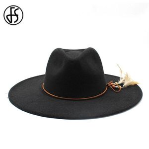 Cappelli a tesa larga FS Stile Britannico Inverno 9 5CM Cappello Solido Grande Lana Nero Fedora Cap Uomo Donna Panama Jazz Sombreros De Hombre274v