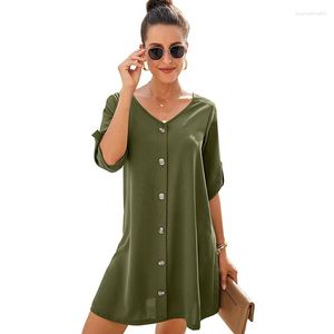 Casual Dresses Women Dress Simple V Neck Solid Loose Street Wear Leisure Half Sleeve Lady Clothes Comfortable Summer Female Apparel