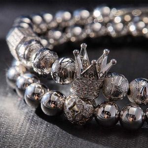 Bracciale da uomo a catena 2 pezzi / set Corona di lusso pavimenta zirconi cubici Starlight Ball Charms perline di rame Braccialetti per regalo San Valentino Natale x0909