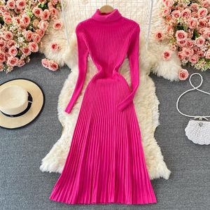 Casual Dresses Korean Fashion Knitted Dress For Women Turtleneck A-line Female Long Sleeve Femme Elegant Autumn/Winter Dropship