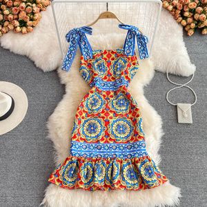 2023 neue mode frauen spaghetti strap print floral retro barock stil hohe taille bodycon sexy meerjungfrau kleid SMLXLXXL273j