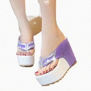 New Women Summer Platform Wedges Shoes Black Purple Sandals For Ladies Women Bling Slides Flip Flop Shoe o6yE#