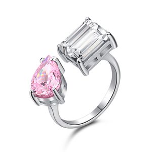 Hot Sale High quality Hiphop charm Jewelry Adjustable Engagement Double Diamond Pink Rectangle Open Ring 925 Silver rings for women