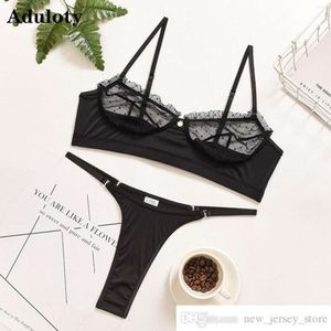 Yoga Outfit Ruffle Lace Lingerie Set Sexy Mulheres Underwear Transparente Sutiã Conjuntos de Festa Preto Brief2313