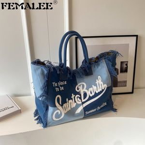 Evening Bags Canvas Europe and America Travel High Capacity Women's Bag Luxury Brand Tassel Handbag Fashion Printed Denim Big Tote 230908