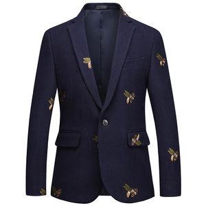 Mens One Button Blazer Bee Embroidery Wedding Smart Casual Slim Fit Jacket High Quality Big Size 6XL Navy Blue Clothes242E