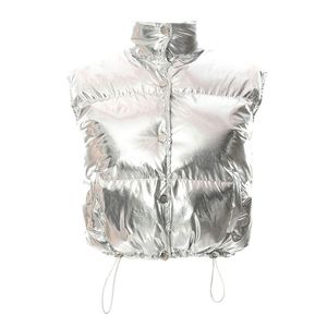 Jaquetas femininas prata puffer casaco acolchoado colete mulheres zíper alta streetwear curto inverno sem mangas para jaqueta outono harajuku top 230908