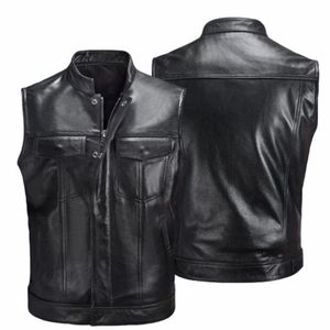 メンズベストPUレザーベストジッパーオートバイチョッキの袖なしジャケットM4XL 230909