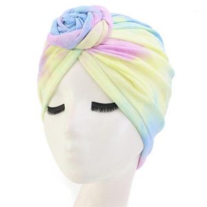 Cappello da donna con turbante annodato a spirale Boho, berretto da chemio stretch neon tie-dye Headwrap1329Z