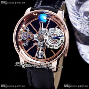 2022 Astronomia Tourbillon Swiss Quartz Mens Watch Rose Gold Blue Sky Skeleton 3D Globe Dial Black Leather Strap Super Edition Pur275a