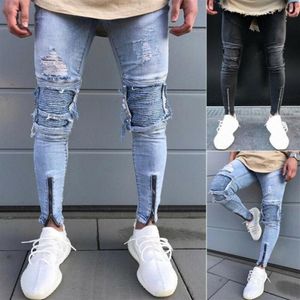 Mens pants Skinny Slim Fit Straight Ripped Destroyed Distressed Zipper Stretch Knee Patch Denim Jeans294c
