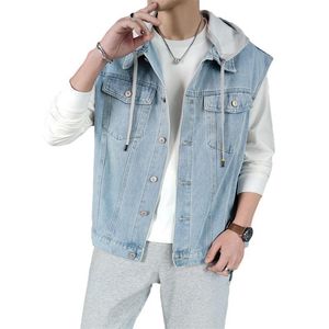 Mäns västar Stylish Cool Men's Denim Vest Löst passform med Hood Street Hoodie Retro Waistcoat ärmlös jeansjacka för män 230908