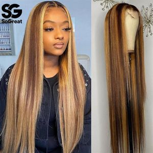 Destaque perucas frente do laço cabelo humano ombre em linha reta 28 30 Polegada peruca brasileira 13x1 hd frontal completo mel loira frente do laço wigs258r