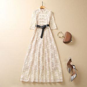 2023 Black / Beige Belted Lace Dress 1/2 Half Sleeve Stand Collar Buttons Long Maxi Casual Dresses S3A240420