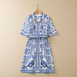 2023 Blue Paisley Print pärlklänning 1/2 Halva ärm LAPEL NECK BELTED FRONT DUMPER KNEELATID CASUAL DENSER S3A240420