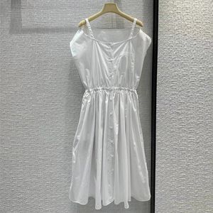 2023 Summer White Solid Color Dress Sleeveless Square Neck Buttons Knee-Length Casual Dresses S3S01M101